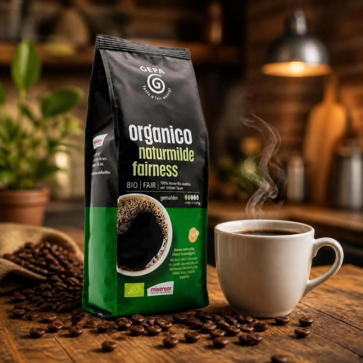 leckern Kaffee Bild mit Kaffeetüte und einer dampfenden Kaffeetasse