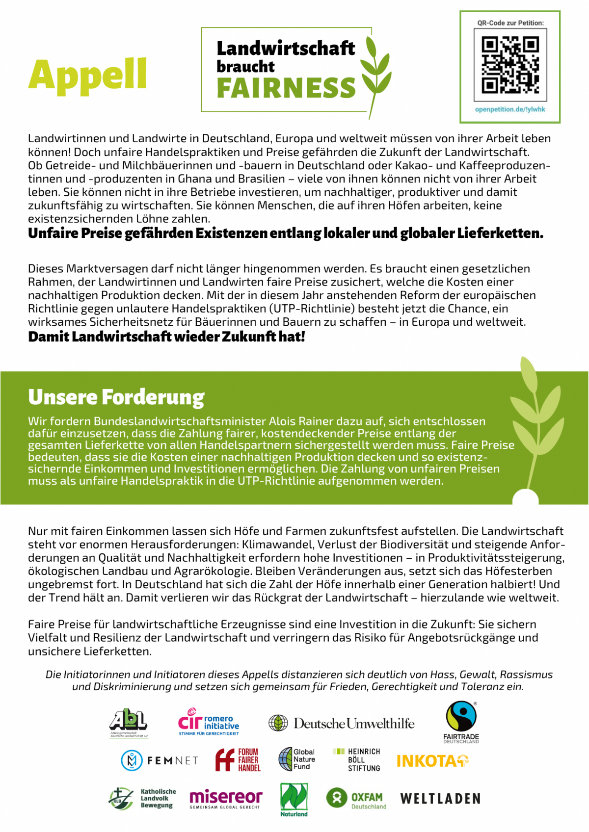 Appel zur Unterschriftenaktion Landwirtschaft braucht Fairnes