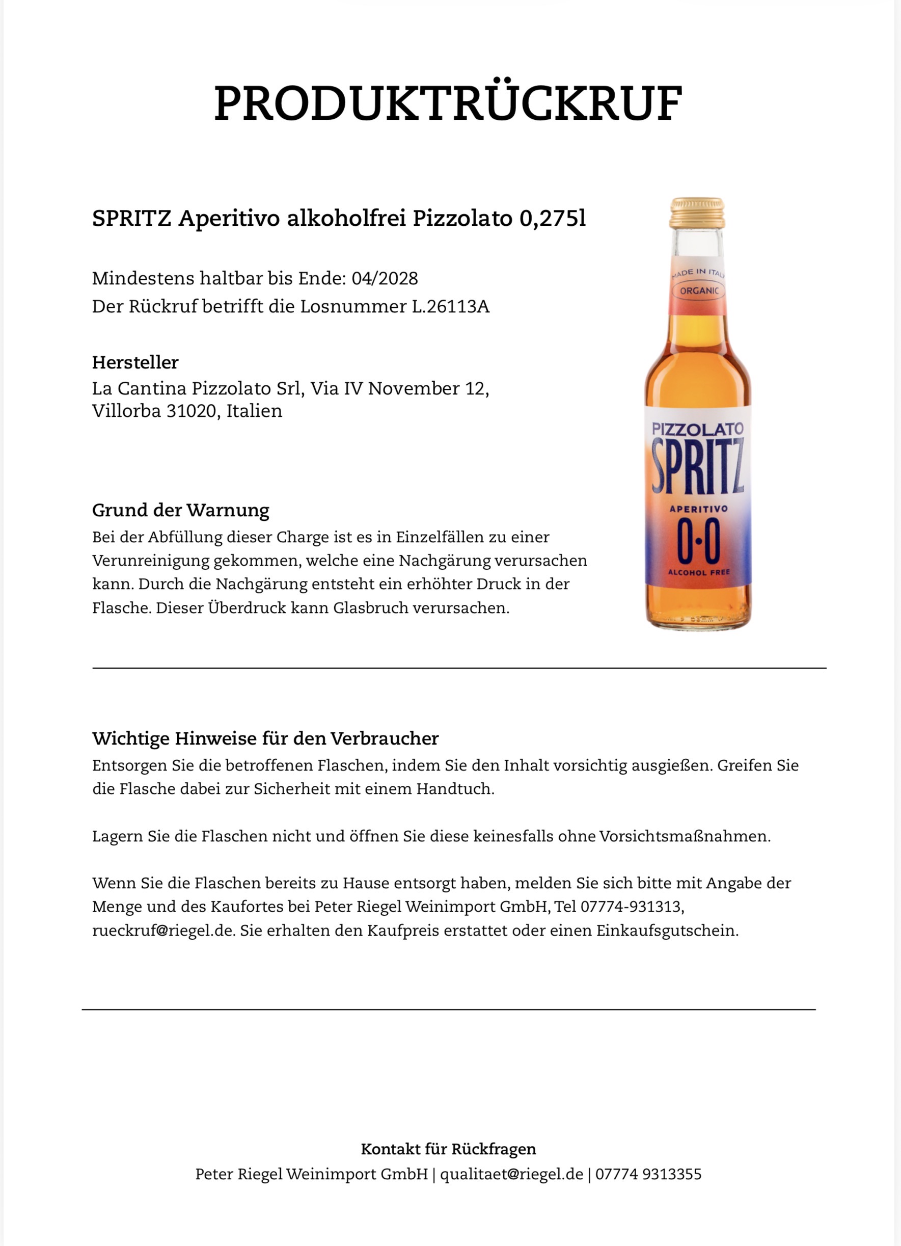 Produktrückruf Spritz