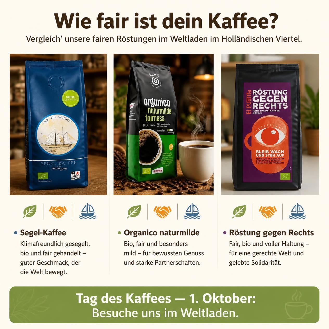 Bild mit Segelkaffee, Cafe Organico, Kaffee gegen Rechts